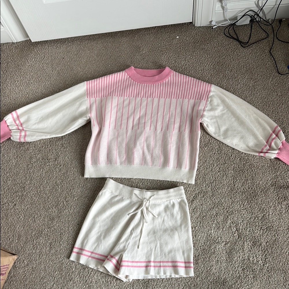 Pink and White Striped Sweater and Shorts Set